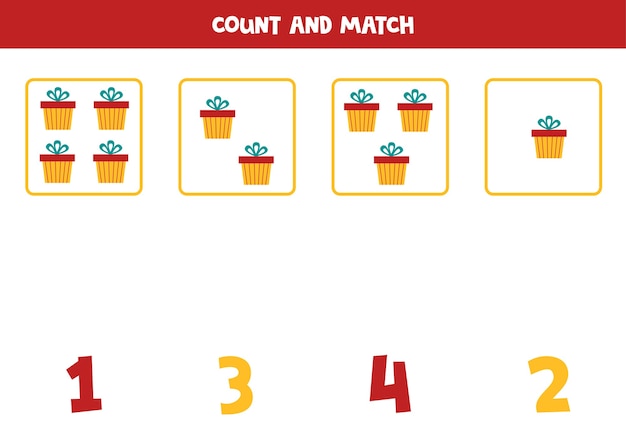 Zählen sie die weihnachtsgeschenkboxen und ordnen sie sie den zahlen zu. pädagogisches mathe-spiel für kinder.