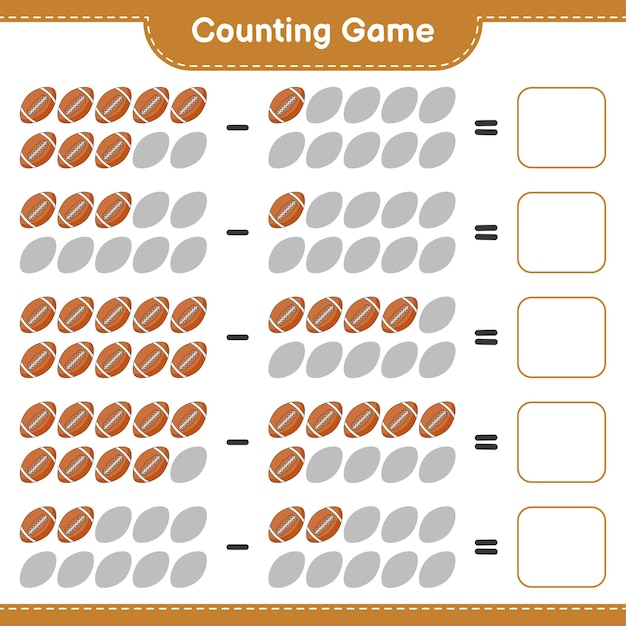 Zählen und vergleichen Sie die Anzahl der Rugby-Bälle und passen Sie sie mit den richtigen Zahlen an Pädagogisches Kinderspiel druckbares Arbeitsblatt Vektorillustration