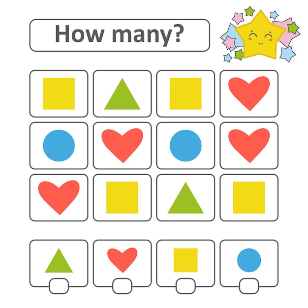 Zählspiel für kinder im vorschulalter. herz, quadrat, kreis, dreieck.