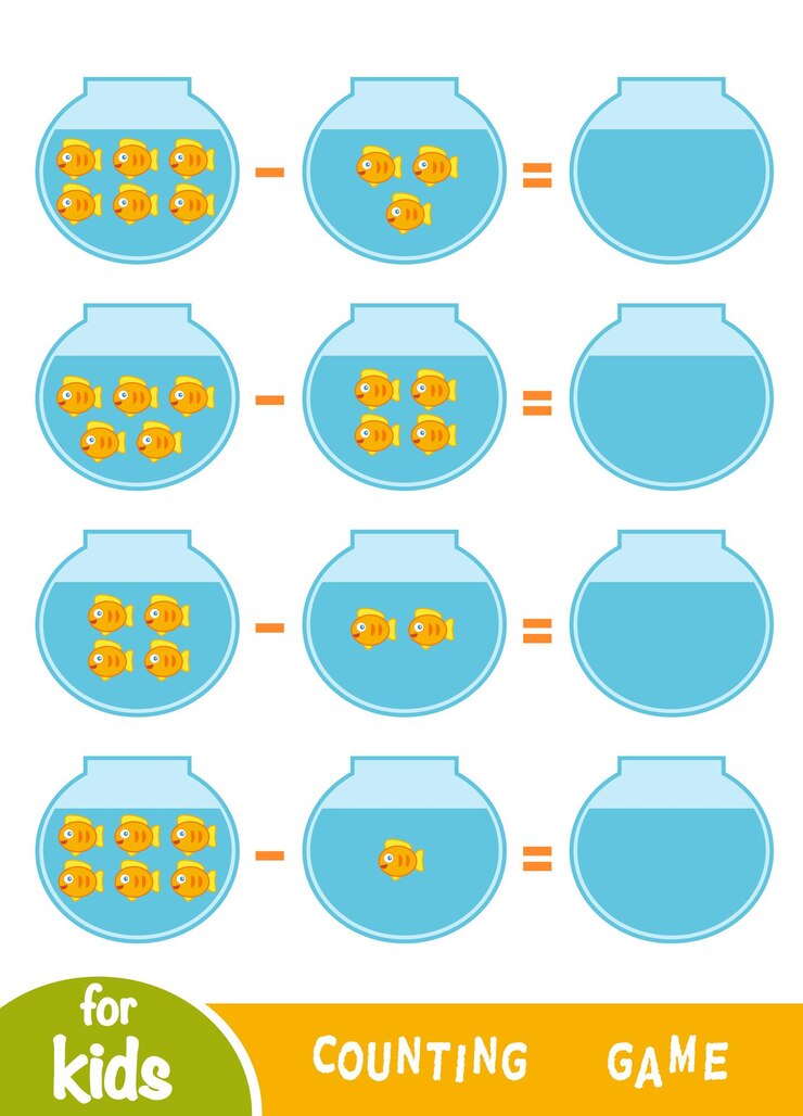 Zählspiel für Kinder im Vorschulalter. Pädagogisch ein mathematisches Spiel. Zählen Sie die Anzahl der Fische in Aquarien und schreiben Sie das Ergebnis auf. Subtraktionsarbeitsblätter
