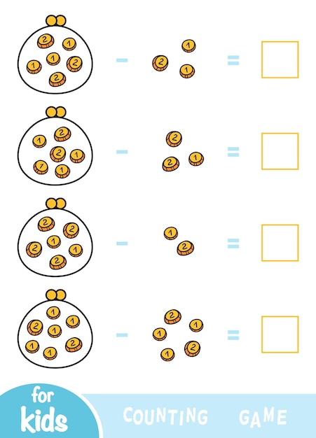 Zählspiel für kinder mathe-lernspiel subtraktionsarbeitsblatt wie viel geld in brieftaschen