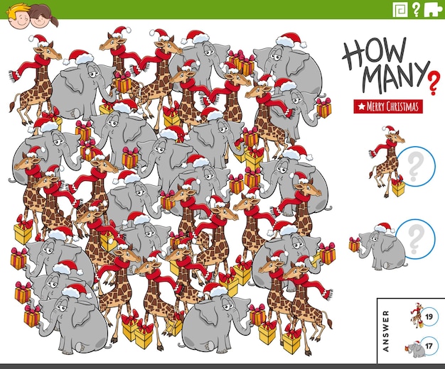 Zählspiel mit comic-tierfiguren zur weihnachtszeit