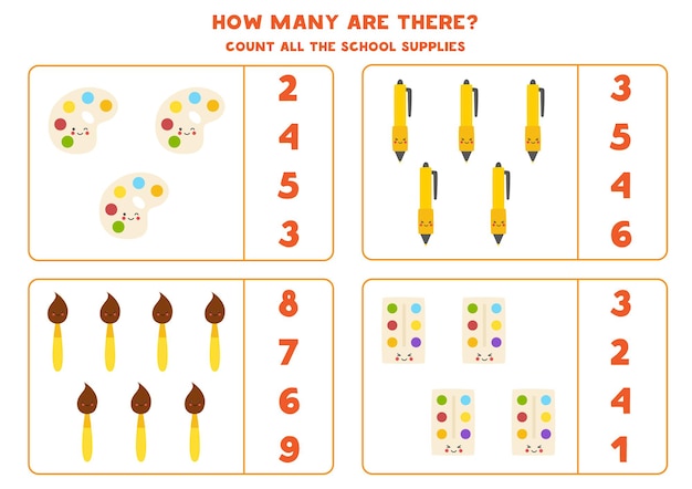 Zählspiel mit niedlichen kawaii schulmaterialien. arbeitsblatt mathe.