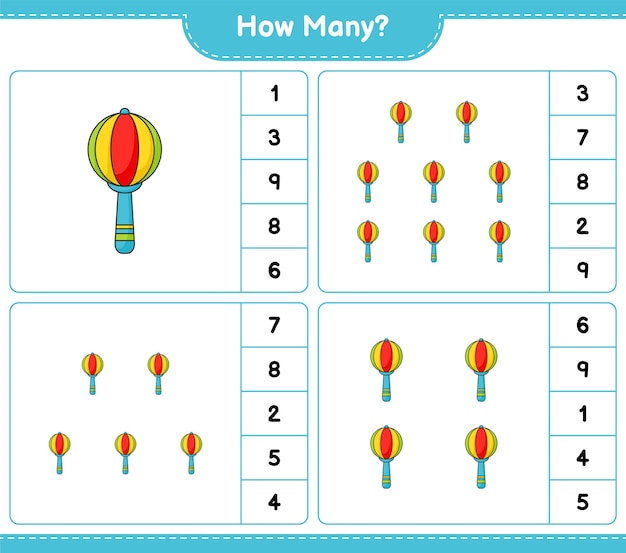 Zählspiel, wie viele babyrasseln pädagogisches kinderspiel druckbare arbeitsblatt-vektorillustration