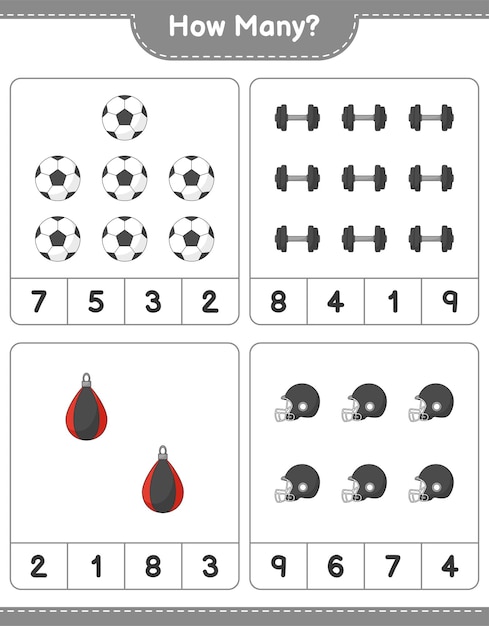 Zählspiel wie viele fußball-fußball-helm-hantel und boxsack