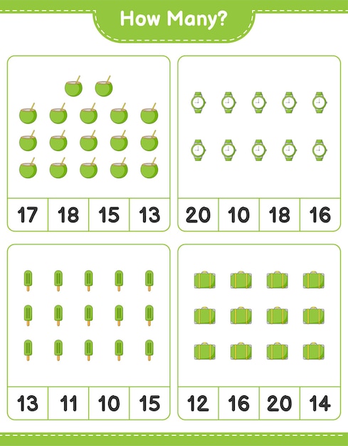 Zählspiel, wie viele gepäck, kokos, eis und uhren. lernspiel für kinder, arbeitsblatt zum ausdrucken