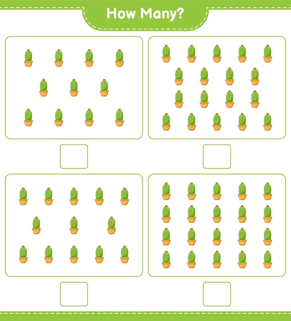 Zählspiel, wie viele kakteen. lernspiel für kinder, arbeitsblatt zum ausdrucken