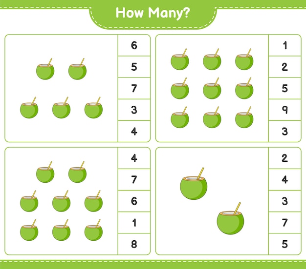 Zählspiel, wie viele kokosnüsse. lernspiel für kinder, arbeitsblatt zum ausdrucken