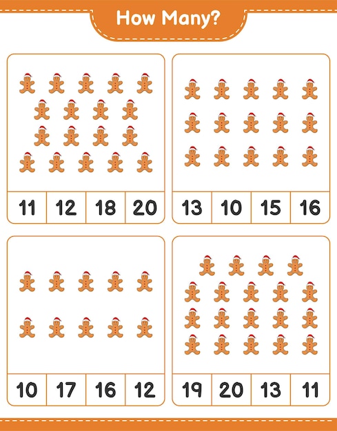 Zählspiel, wie viele lebkuchenmann. pädagogisches kinderspiel, druckbares arbeitsblatt, vektorillustration