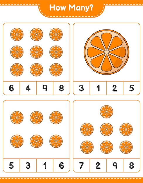 Zählspiel, wie viele orange. lernspiel für kinder, arbeitsblatt zum ausdrucken