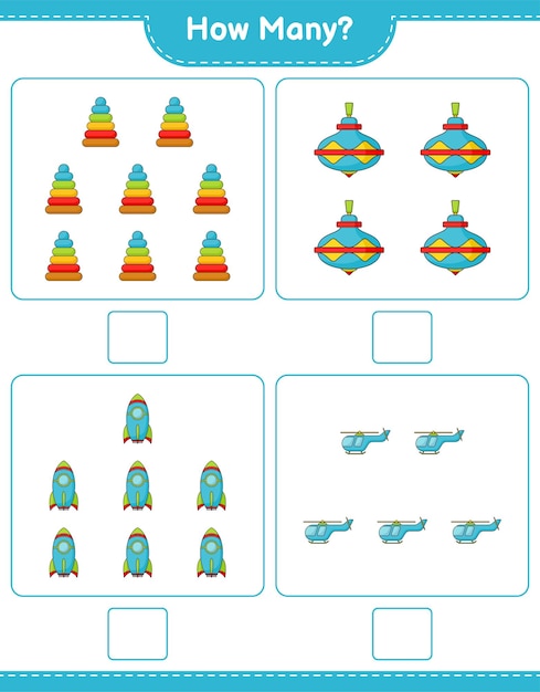 Zählspiel, wie viele pyramid toy whirligig toy rocket and helicopter pädagogisches kinderspiel druckbares arbeitsblatt vektorillustration