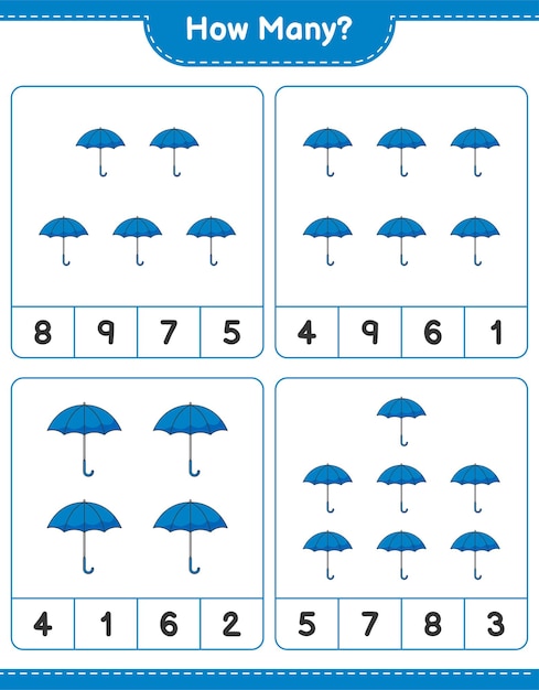 Zählspiel, wie viele regenschirme. lernspiel für kinder, arbeitsblatt zum ausdrucken
