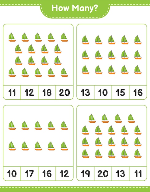 Zählspiel, wie viele segelboote. lernspiel für kinder, arbeitsblatt zum ausdrucken