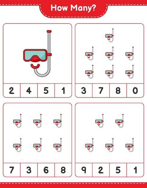 Zählspiel, wie viele tauchmasken. lernspiel für kinder, arbeitsblatt zum ausdrucken