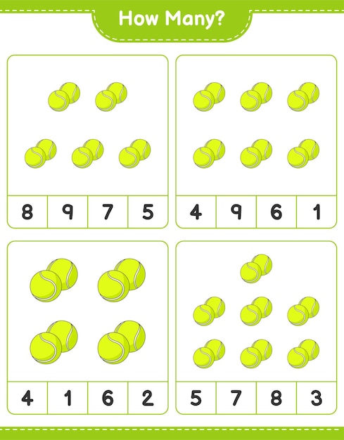 Zählspiel, wie viele tennisball pädagogisches kinderspiel druckbares arbeitsblatt