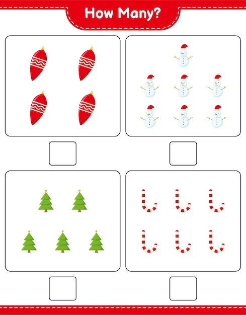 Zählspiel, wie viele weihnachtsdekoration pädagogisches kinderspiel, druckbares arbeitsblatt,