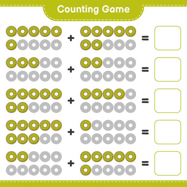 Zählspiel, zähle die anzahl der donuts und schreibe das ergebnis. lernspiel für kinder, arbeitsblatt zum ausdrucken