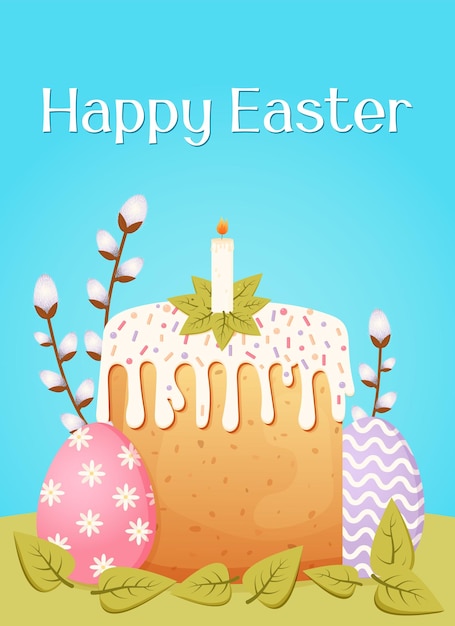 zärtliche festliche Postkarte für Ostern mit Osterkake und Eiern
