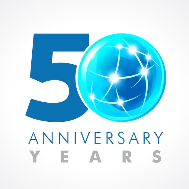 Zahlen zum 50-jährigen jubiläum. 50 jahre altes logo mit blauem planeten. isolierte abstrakte grafikdesign.