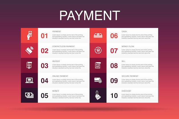 Zahlungsinfografik 10 optionsvorlage. rechnung, geld, rechnung, rabatt einfache symbole