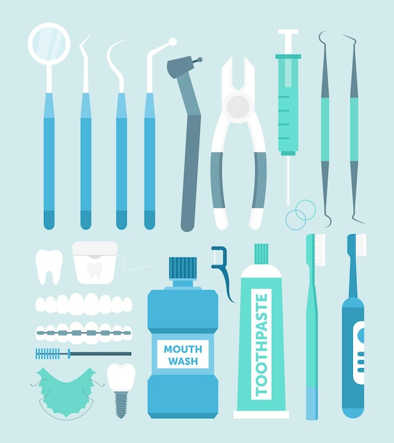 zahnärztliche Instrumente. Sammlung zahnärztlicher Instrumente, Medizin und gesundes Zahnpflegekonzept.