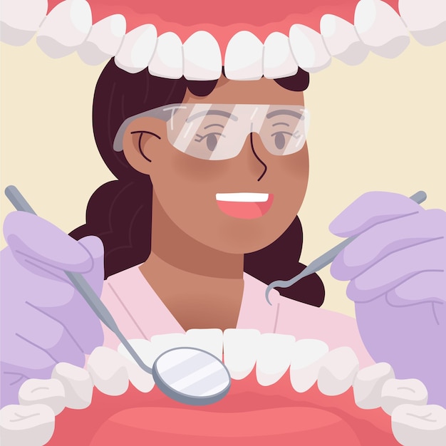 Zahnarzt Mundansicht Patienten zahnmedizinische Untersuchung Arzt Maske Handschuhe Untersuchung der Zähne im Inneren der Mundhöhle Zahnärzte diagnostizieren gesunde Zahnhygiene medizinische schicke Illustration