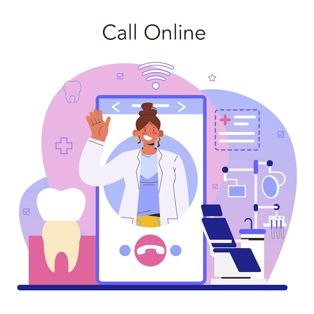 Zahnarzt-Online-Service oder -Plattform. Arzt, der menschliche Zähne behandelt. Zahntechniker, der ein Implantat oder Furnier setzt. Online-Anruf. Flache Vektorillustration