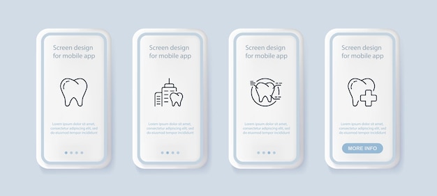Zahnmedizin-set-symbol zahn zähne zahnschmelz zahnarztbehandlung verschreibungspflichtiges krankenhaus weißes lächeln karies stomatologie-konzept ui-telefon-app-bildschirme vektorliniensymbol für business und werbung