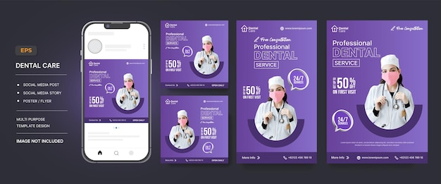 Zahnpflege-Social-Media-Beitrag, Story- und Poster-Flyer-Designvorlage mit Handphone-Mockup-Vektor