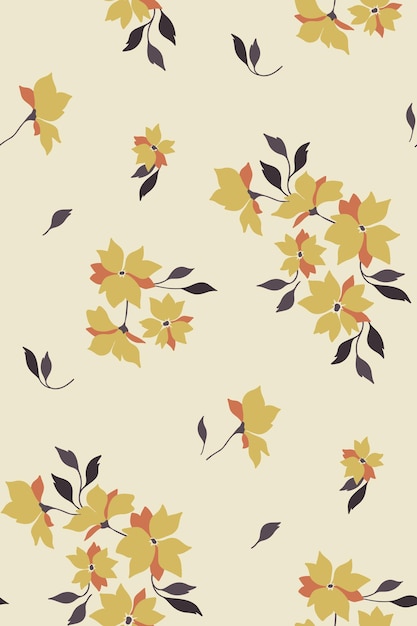 Zarter vintage-blumendruck, nahtloses botanisches muster auf hellem hintergrund. einfache komposition aus gelben blüten und dunklen blättern. vektor.