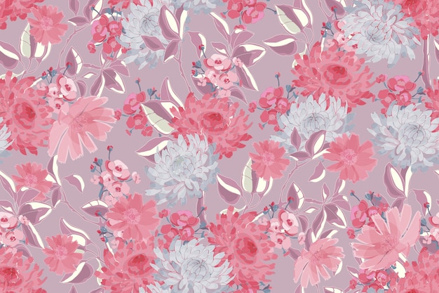 Zartes nahtloses Blumenmuster. Rosa, graue, silberne Blüten, Zweige, Blätter