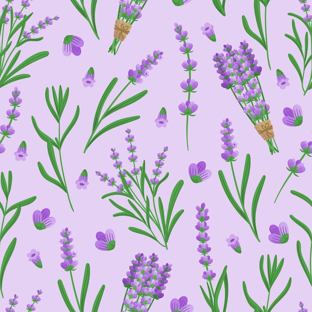 Zartes und beruhigendes lavendel-nahtloses muster, wiederkehrende motive von blumen und blättern, die ein ruhiges design schaffen