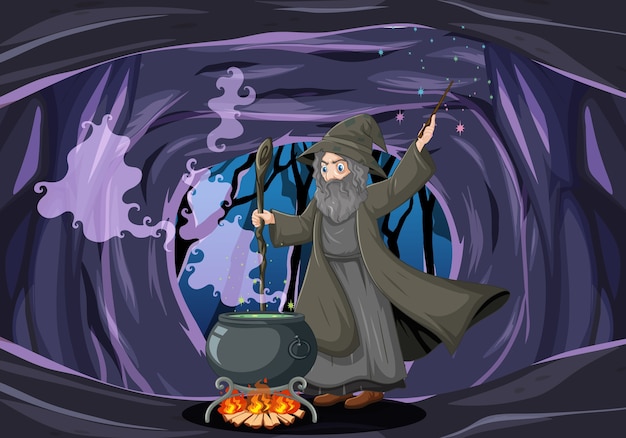 Zauberer oder Hexe mit Zaubertopf auf dunkler Höhle
