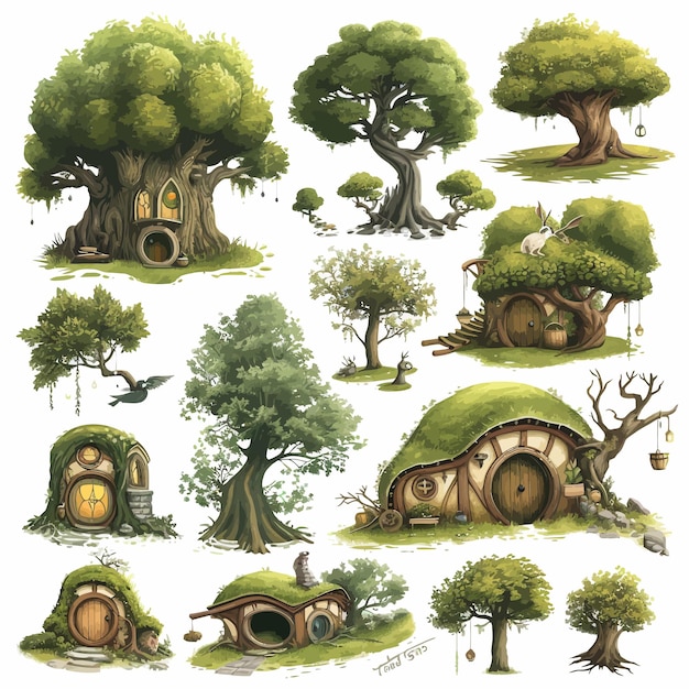 Vektor zauberhaftes bäumen- und hobbit-bäumenhaus