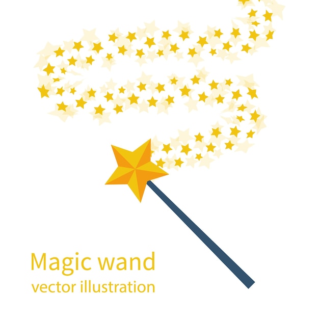 Vektor zauberstab mit einem stern spur von goldstaub magischer abstrakter hintergrund lokalisiert auf weiß wunder und magie flaches design der vektorillustration