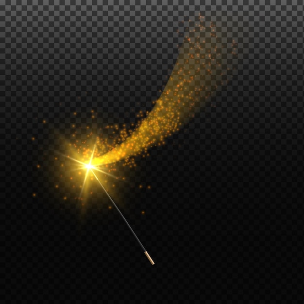 Vektor zauberstab mit goldglänzendem glitzerspur, glänzendem sternenstaub und lichteffekt-zauberstab