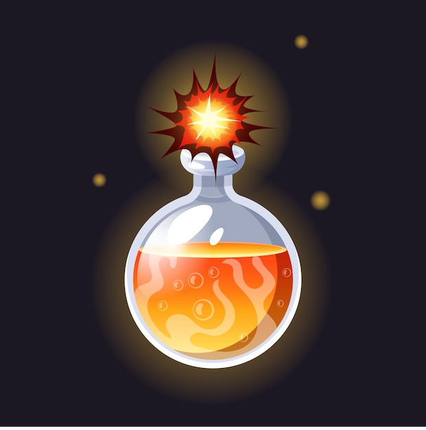 Zaubertrank Elixirflasche Feuerexplosion Glasfläschchen Gefährliche explosive Substanz Brennbare chemische Flüssigkeit Hexenalchemie Magisches Labor Flammenausbruch Vektor Hexerei Objekt