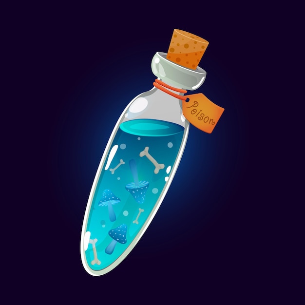 Zaubertrank Gift in einer Flasche Magisches Elixier-Spielsymbol mit Knochen und Pilzen Fantasy-Vektorillustration-Cartoon-Stil