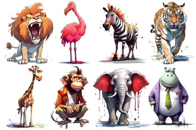 Zebra, giraffe, nilpferd, löwe, flamingo, affe, elefant und tiger. cartoon-tier für dekorationsdesign. vektorset mit niedlichen tieren. handgezeichnete aquarell-illustration