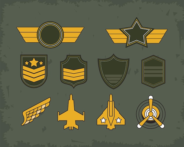 Zehn militärische Embleme und Medaillen