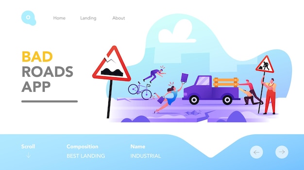 Zeichen auf bad road landing page template. stadtbewohner geraten auf einem kaputten highway in schwierigkeiten. frau stolpert auf asphalt, mann fällt vom fahrrad. cartoon-menschen-vektor-illustration