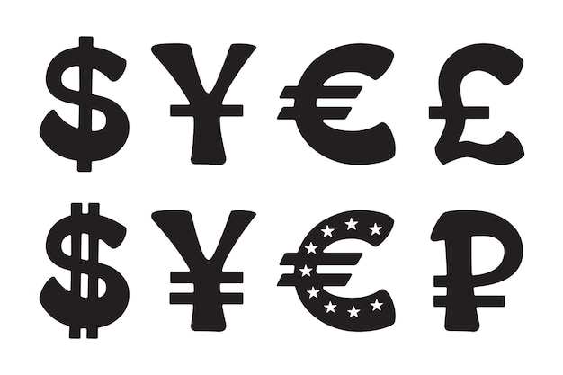 Zeichen des Dollar-Euro-Yen-Yen Yuan-Rubel-Pfunds