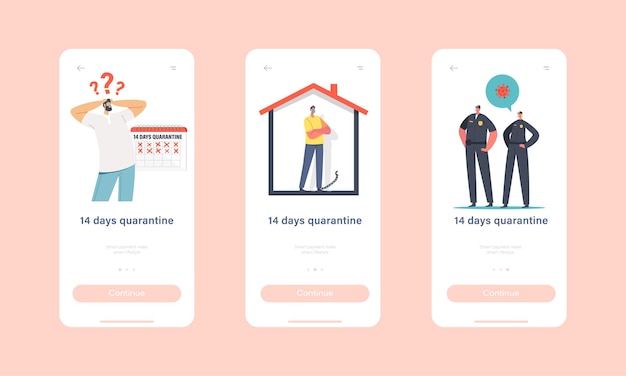 Zeichen in quarantäne während der onboard-bildschirmvorlage der covid19 self isolation mobile app-seite. menschen, die masken in der nähe von riesigem kalender- und polizeikonzept tragen. cartoon-menschen-vektor-illustration