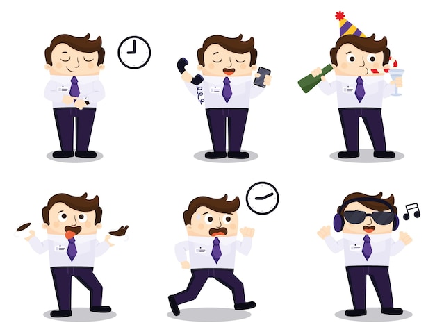 Zeichensatz büroangestellter mit verschiedenen posen, mann feiert, kommt zu spät zum job
