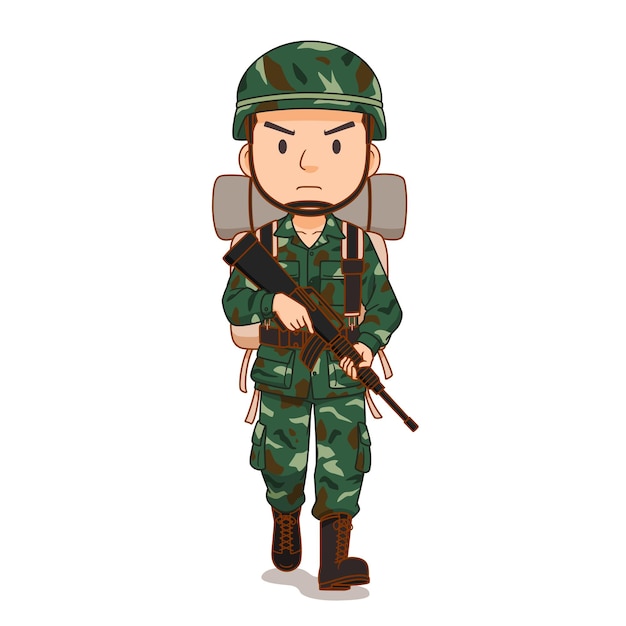 Vektor zeichentrickfigur eines soldaten mit einer waffe