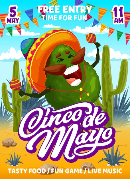 Vektor zeichentrickfigur mit avocado auf dem cinco de mayo flyer