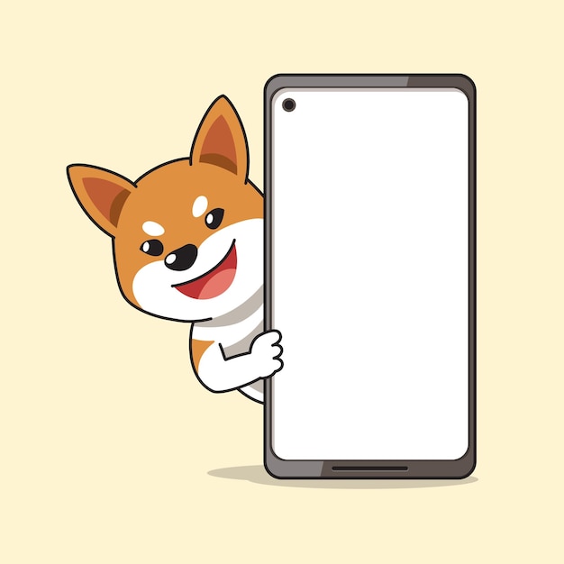 Vektor zeichentrickfigur shiba inu hund und smartphone