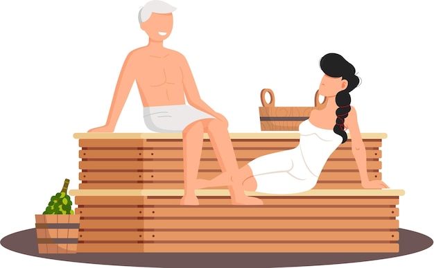 Zeichentrickfiguren, die zusammen ein Dampfbad nehmen Entspannen Sie sich im Wellness-Badehaus