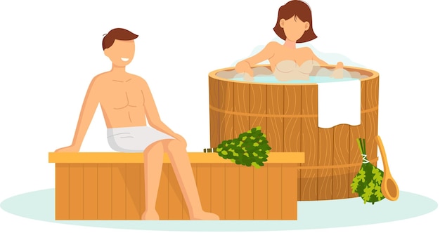 Zeichentrickfiguren nehmen gemeinsam ein Dampfbad. Flache Vektorillustration. Frau und Mann genießen Bäder und Dampf-Hamam mit Sauna-Schneebesen