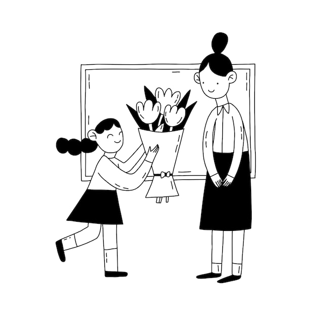 Zeichentrickfiguren von schulkindern und lehrern umreißen die illustration.